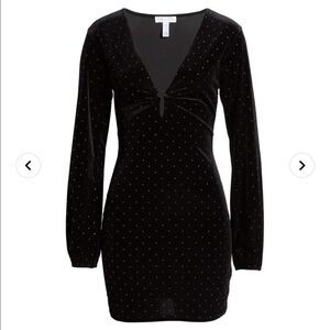 Leith Black Velour Studded Long Sleeved Ruched Mini Dress Size S